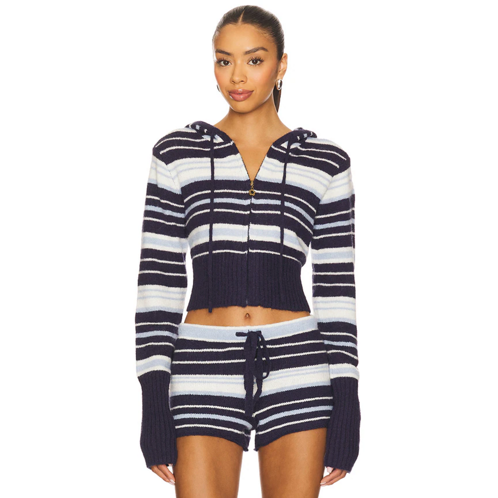 Dairy Boy Surfside Striped Knit Zip Up in Ocean Blue - Picture 1 of 8